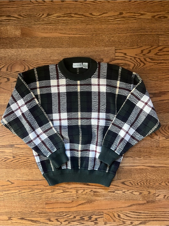 Izod Other - Izod Men's Dark Green Plaid Crewneck Sweater Sz. M 100% Cotton Preppy Classic
